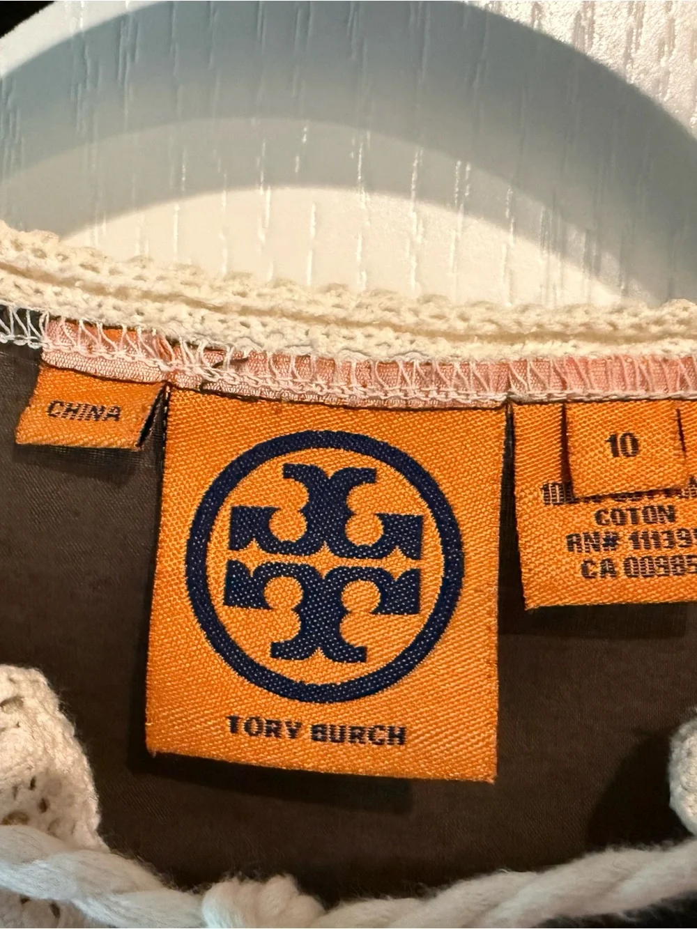 Tory Burch Olive Green Peasant Blouse with Cream Lace Trim